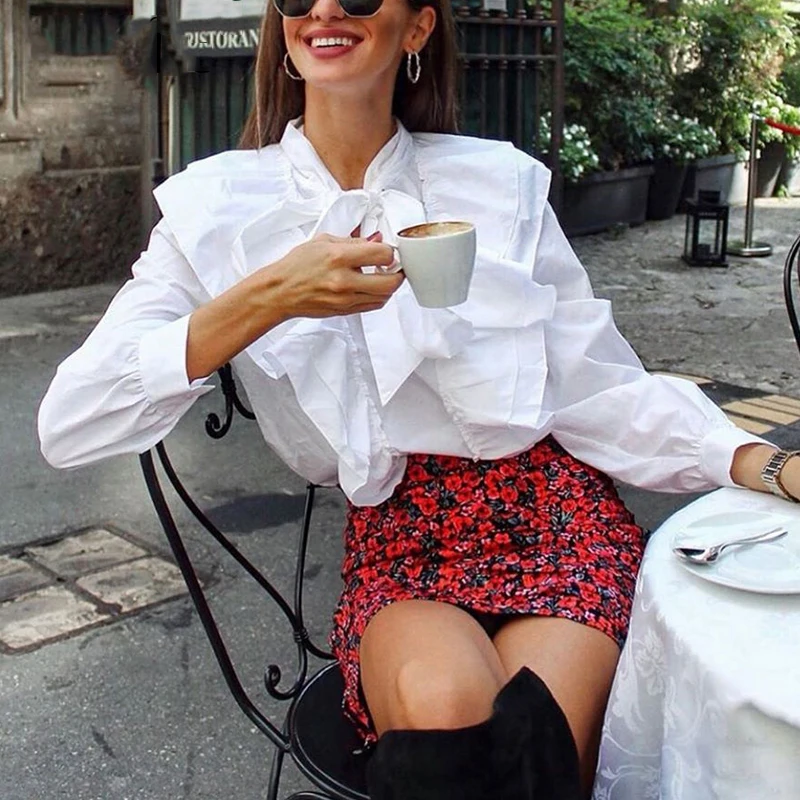 2019 элегантная белая блузка с галстуком-бабочкой женская оборками и длинным