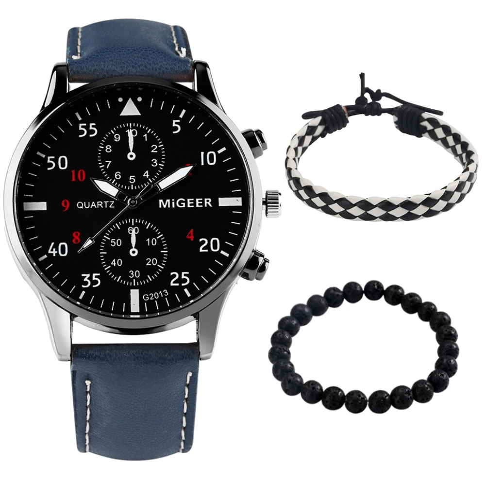 

Chic Blue Wristwatch Bracelet Set Unique Quartz Digital Dial Leather Watches Men's Elastic Braided Bracelets Exquisite Gift Box