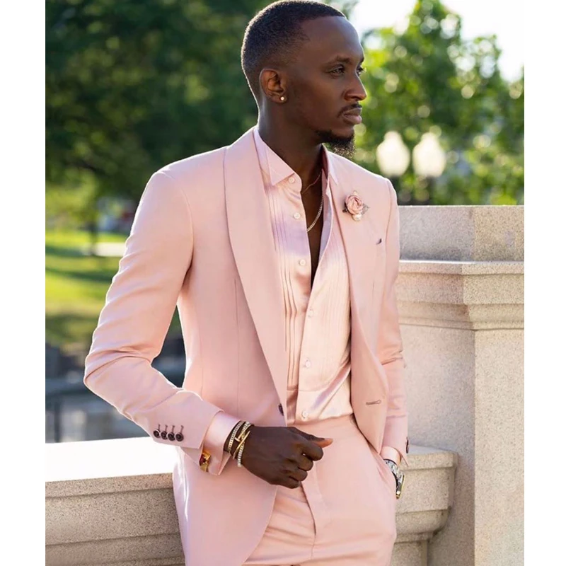 

Pink Shawl Lapel Wedding Tuxedo Slim Fit 2 Piece Men Suits with Jacket Pants African Male Fashion Costume Lastest Style 2021