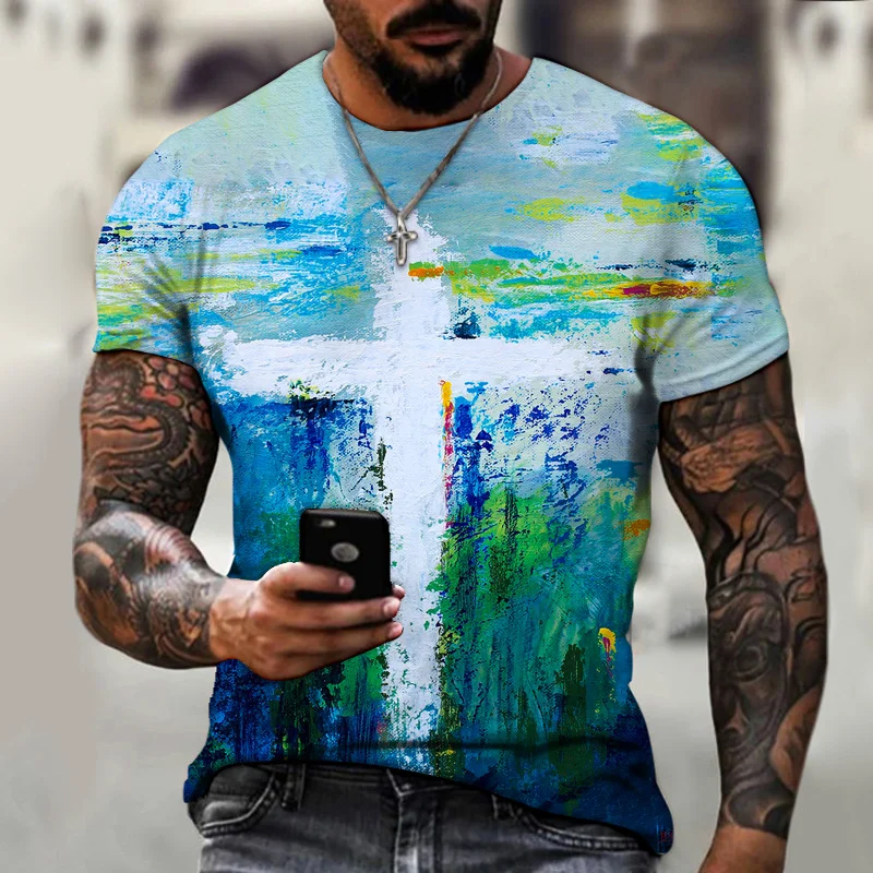 

Jesus cross street graffiti Style Men's 3D printed T-shirt fashion leisure trend hip hop clothes Men's favorite T-shirt