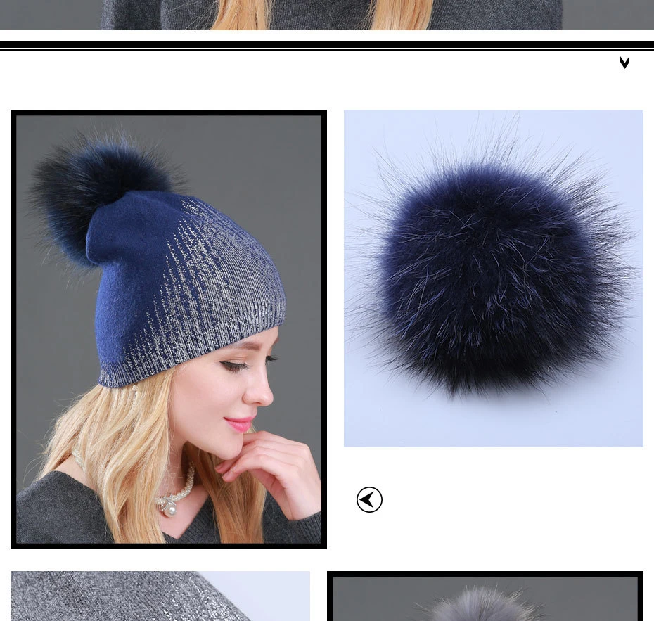 Wuaumx женские зимние шапки Skullies Beanies, шапка для женщин из натурального меха енота, вязаная шерстяная шапка с помпоном, шапка с серебристым и золотистым принтом