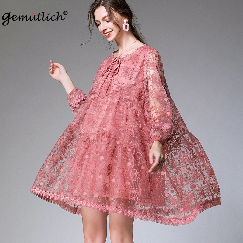 GEMUTICH Women Plus Size Lace Dress Loose O-neck Collar Hollow out Embroidery Summer A-lined Dress Party High Quality Lace up