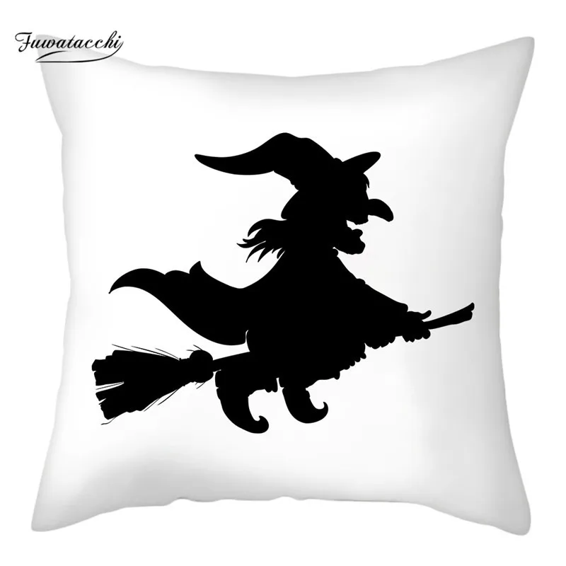 Fuwatacchi Black Cat Caster Bat Witch Printed Cushion Cover White Background Pillow Covers For Home Sofa Decor Throw Pillowcases | Дом и сад