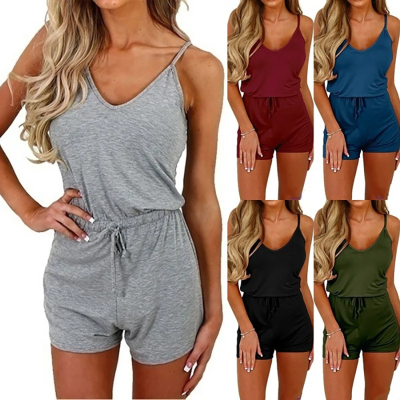 

Summer Hot Style Hot Sale Suspender Home Service Ladies Solid Color Sleeveless Lace-Up Shorts Fashion Casual Jumpsuit
