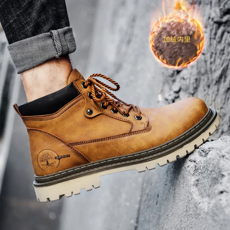 

Men's high-top leather shoes add cotton mountain vintage platform high boots safty shoes man water proof cowboy ankle boots