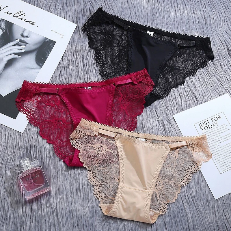 

Women's Sexy Lace Underwear Panties Girly Transparent Lace Pure Cotton Ice Silk Seamless Breathable Low-waist Briefs for Ladies