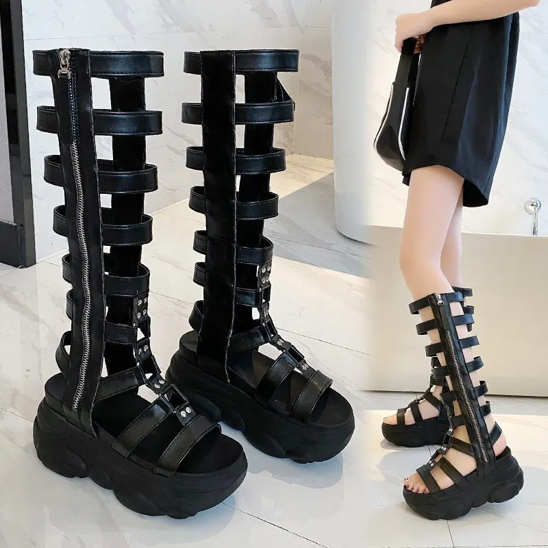 

Fashion Leather Hollow Out Gladiator Platform Sandals 2021 New Women Wedge High Heels Summer Shoes Woman Punk Chunky Sandalias