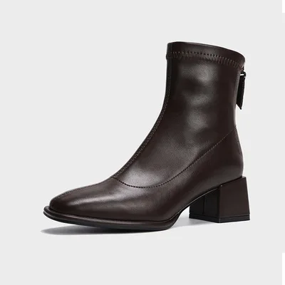 

heels, Thick short boots, soft leather, thin boots, short heels, brown elastic Martin boots.2021 women boots