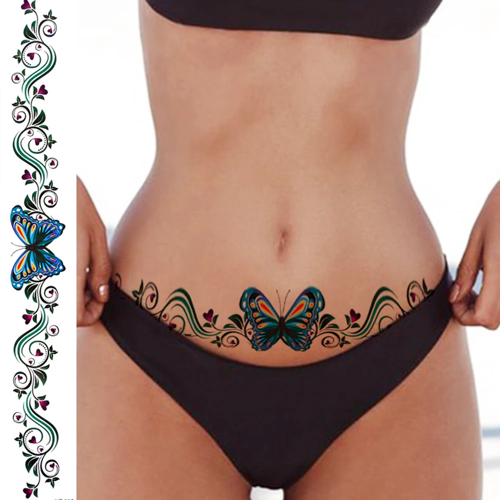 Realistic Fake Flower Temporary Tattoos For Women Girls Butterfly Tattoo Sticker Long Vines Sexy Waist Tatoos Decal Chains images - 6