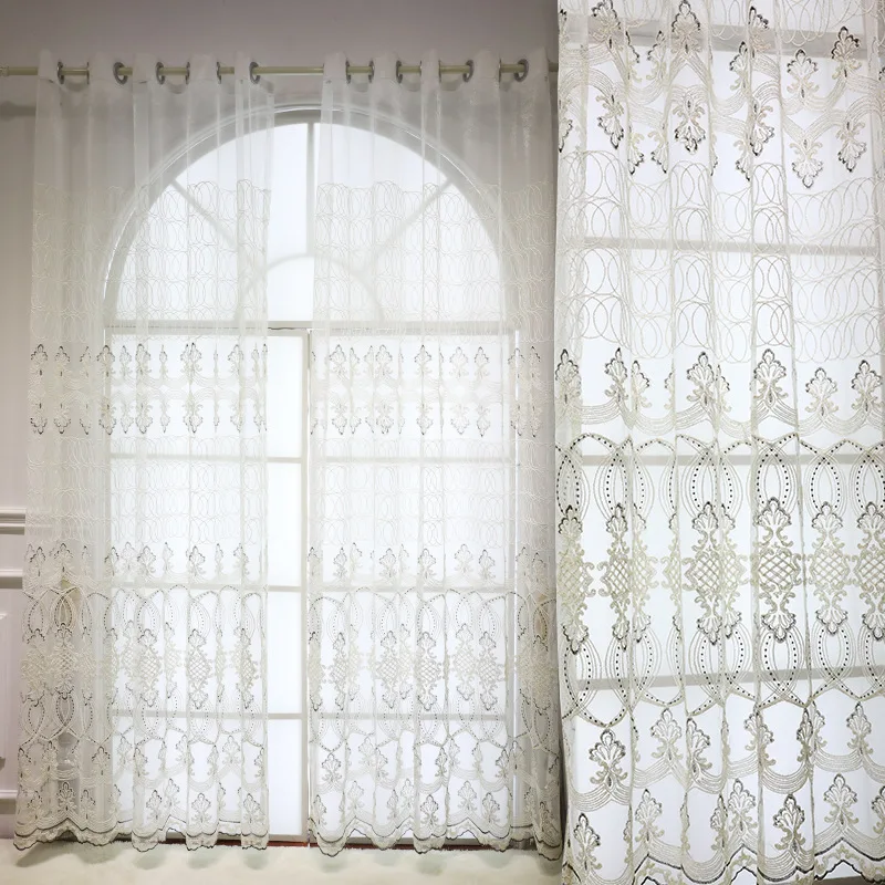 

European Luxury Living Room Gray Transparent Tulle Curtain Embroidery Fabric Screen Window Balcony Window Bedroom Decoration 3