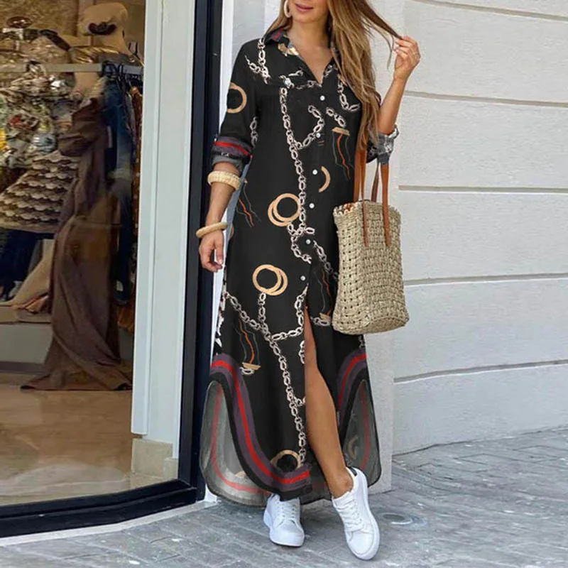 

Women Shirt Dress Spring Autumn Printed Turn-Down Collar Long Sleeve Dresses Elegant Buttoned Long Party Dresses Casual Vestido