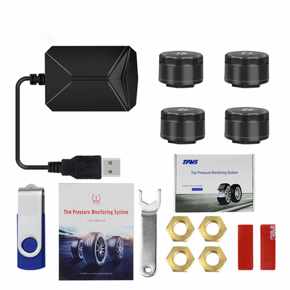 

Solar Energy USB Android TPMS Car Tire Pressure Monitor Security Alarm With 4 External Sensor Wireless Transmission