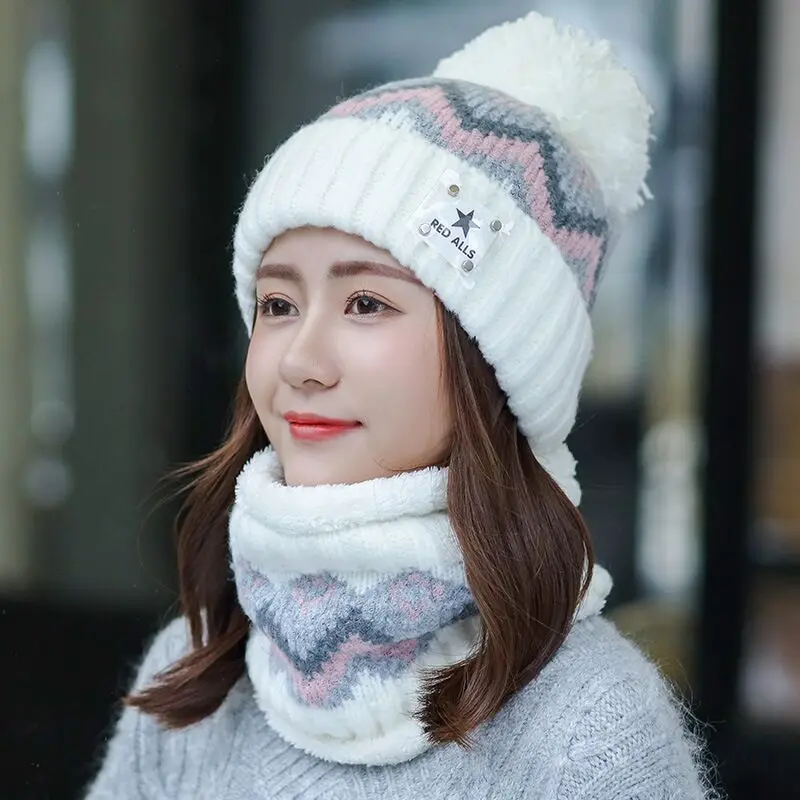 

2020New Knitted Winter Hat Scarf Set Women Thick Cotton Beanies And Ring Scarf Female Knitted Winter Accessories Girls Gift