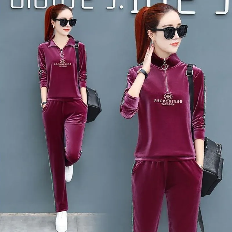 

Spring Autumn 2021 Fashion Women Velvet Suits stand collar letters Zipper Tracksuits ladies Two Piece Set Casual Trackpants