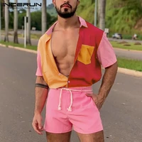 incerun 2021 men patchwork sets streetwear lapel short sleeve casual shirt beach shorts breathable men hawaiian suit 2 pieces