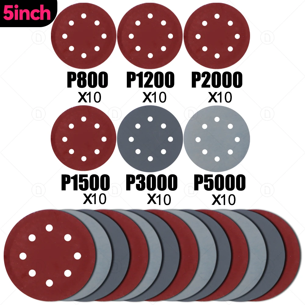 

5 Inch 121MM Round Sand Paper For Sanding Disc Grinder Car Polishing Sander 60PCS Sandpaper Grit 800 1200 1500 2000 3000 5000