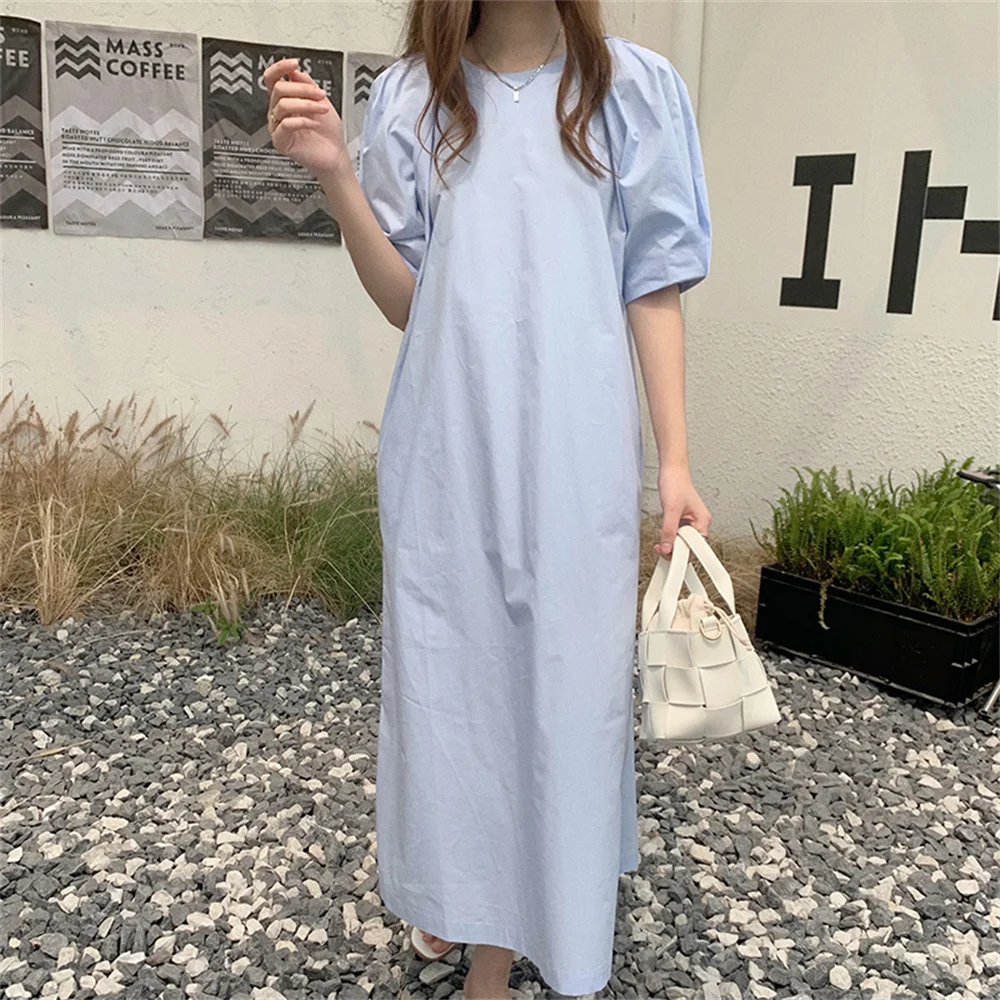

Alien Kitty Blue Lantern Sleeve Maxi Dress Elegant Femme Robe 2021 Summer Mujer Minimalist Fashion Streetwear Pure Color Vestido