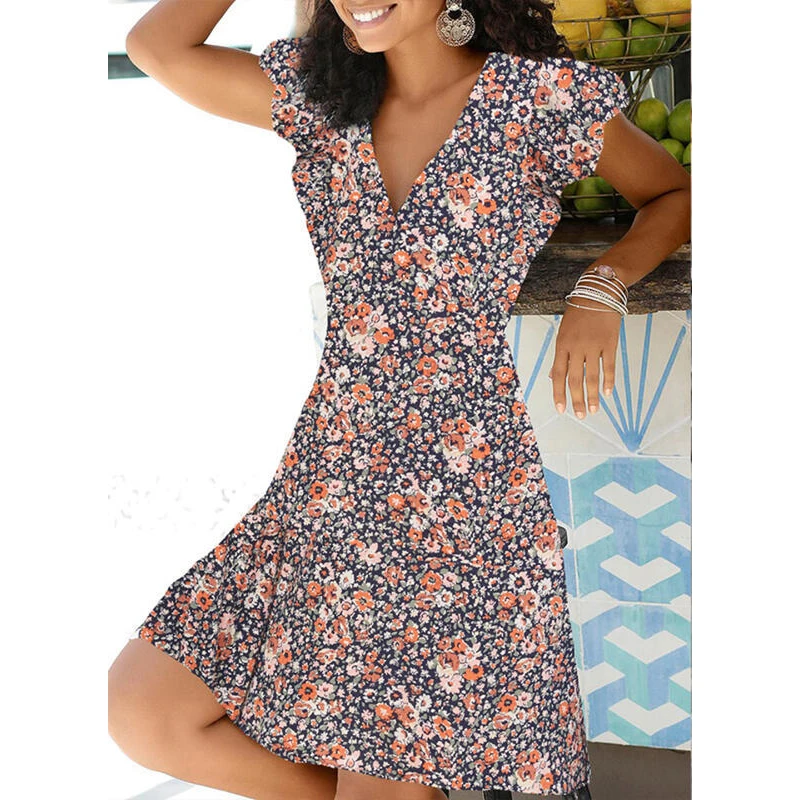 

2021 retro ladies dress summer floral print V-neck dress casual sexy party beach A-line mini dress