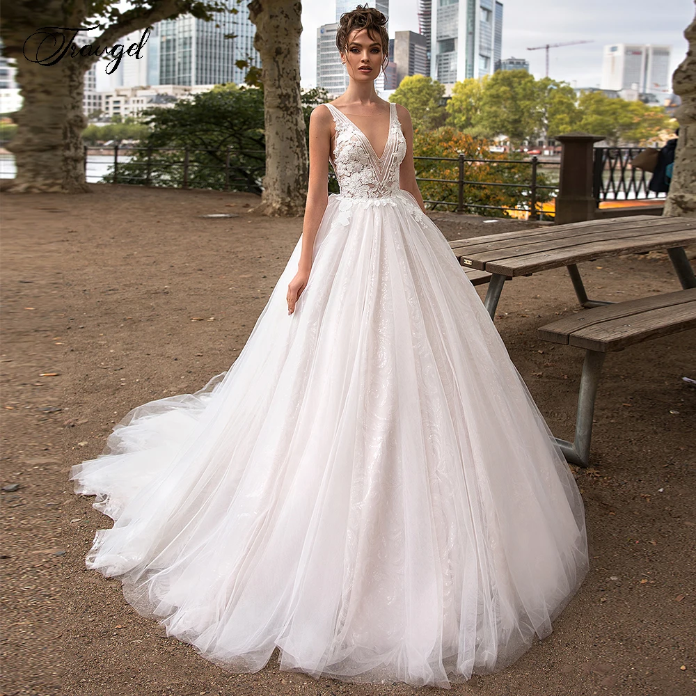 

Traugel Vestidos De Novia Sexy Backless V Neck Lace Princess Wedding Dresses Luxury Applique Court Train A Line Bridal Gown