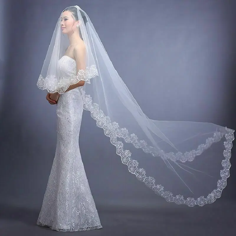

Sexy Gathered Romantic Headdress wedding bride bridal veil 3M long white lace
