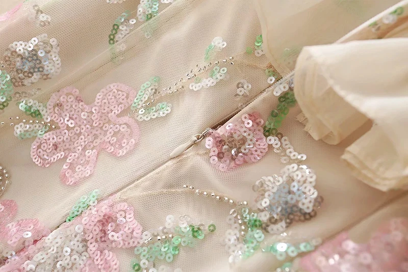 

MIUXIMAO 2021 Spring&Summer Newest Cute Sequins Flower Embroidery Elegant Half Sleeve Casual Vintage Midi Dress Women Vestidos