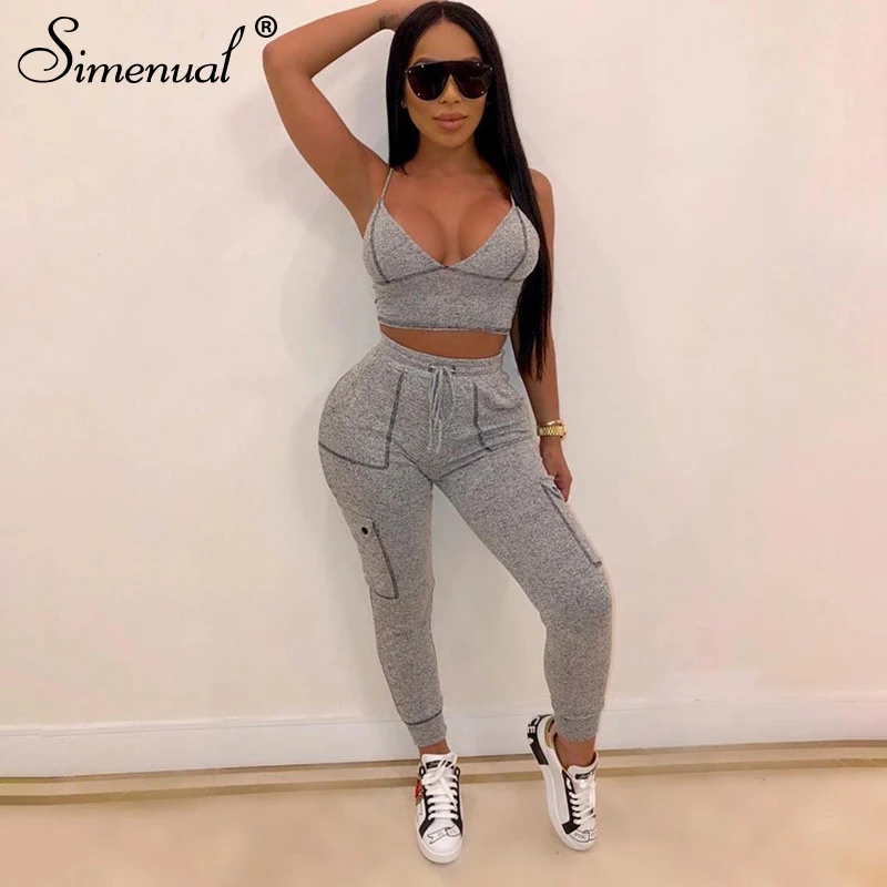 Simenual, спортивный, сексуальный, Модный комплект, женский, для тренировок,, осенний набор для бегунов, с карманами, без рукавов, топ и штаны, 2 предмета
