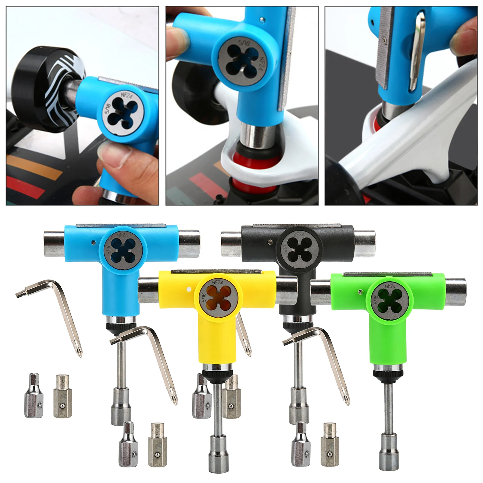 

All-in-One Skate Tool Multi-Function Portable Skateboard T Tool Accessory with Allen Key L-Type Phillips Head Wrench Screwdriver