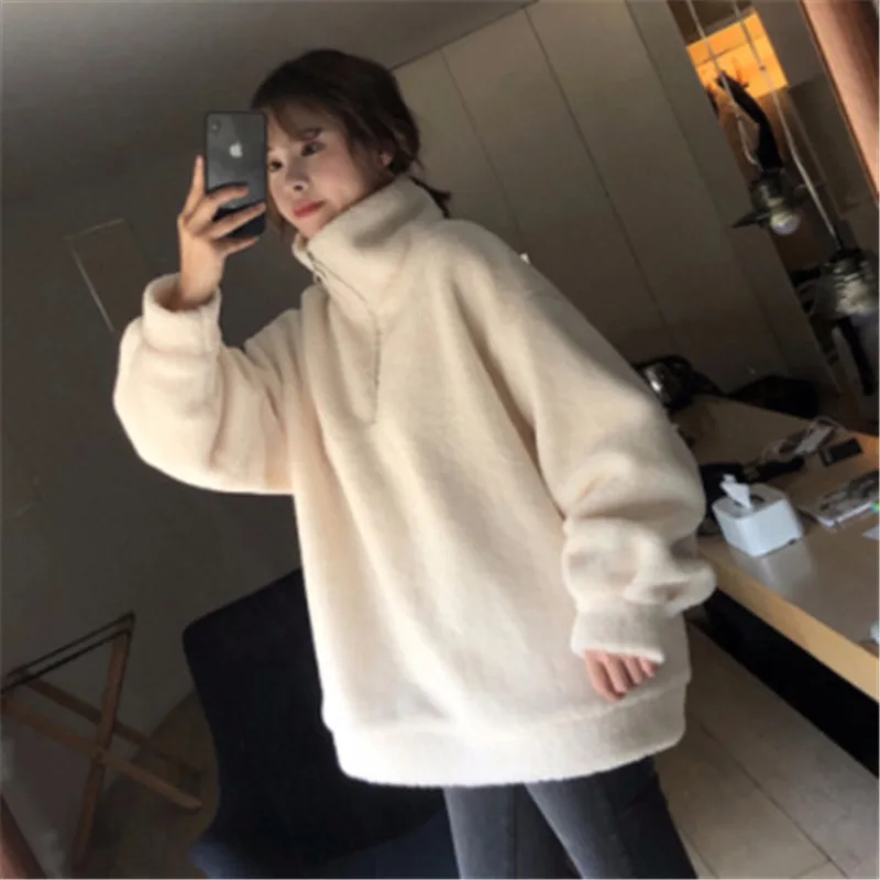 

2020 Autumn Winter Women Hoodies Fashion Zipper Casual Female Long Sleeve Loose Pullovers Soild Color Half High Neck Cool
