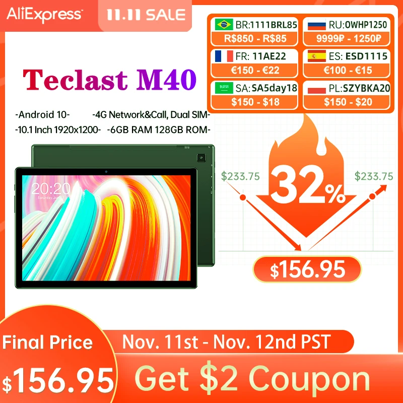 

Teclast M40 10.1'' Tablet UNISOC T618 Octa Core 1920x1200 4G Network 6GB RAM 128GB ROM Android 10 Dual Wifi Type-C Tablets PC