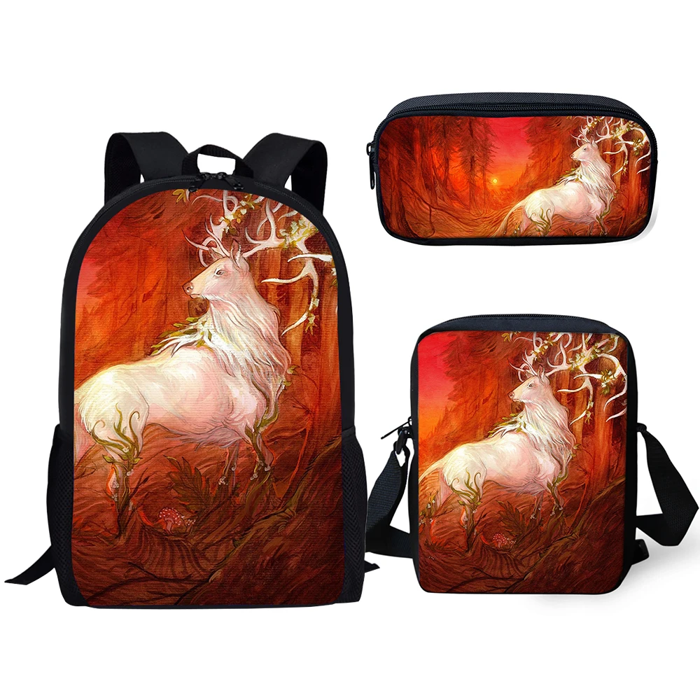 HaoYun 3PCs Set Children School Backpack Arts Fantasy Deer Kids School Bags Kawaii Animal Students Backpack/Flaps Bag/Pen Bags
