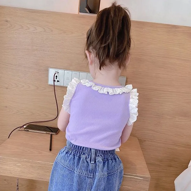 

Fashion Children's Sleeveless Tops 2021 Summer Children's Clothing Western Lace Trim Girls Outer Wearing Vest Bottoming Shirt