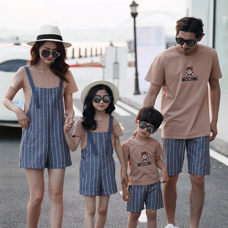 Summer 2020 Family Matching Striped Clothes Mum Mama Mom and Baby Girls Dress Overalls Jumpsuits for Boys Father Son Outfits | Мать и