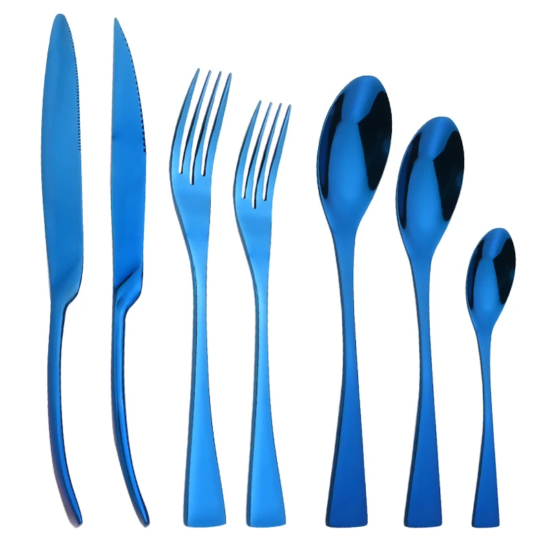 

Набор голубой столовой посуды из нержавеющей стали 304, набор кухонных приборов, нож для стейка, десертная ложка, столовые приборы, вилка, 7 шт.