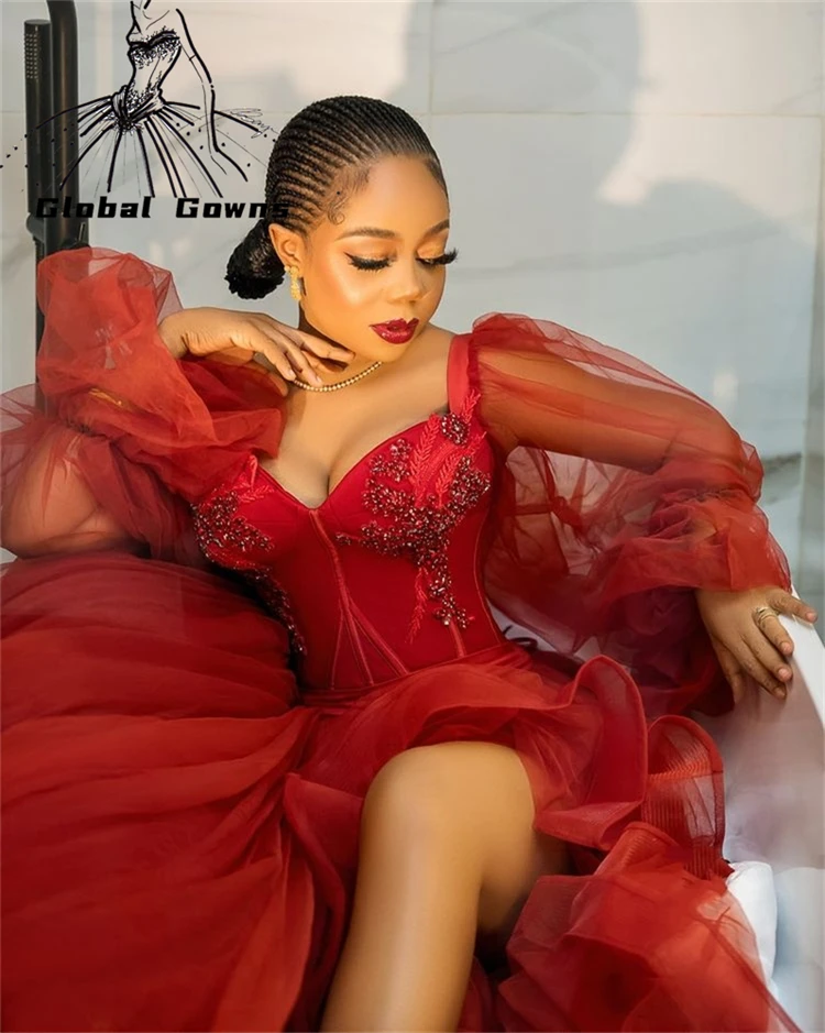 

African Red Sweetheart Mermaid Evening Dress Beaded Dresses Birthday Party Gown High Slit Ruffles Vestidos De Fiesta De
