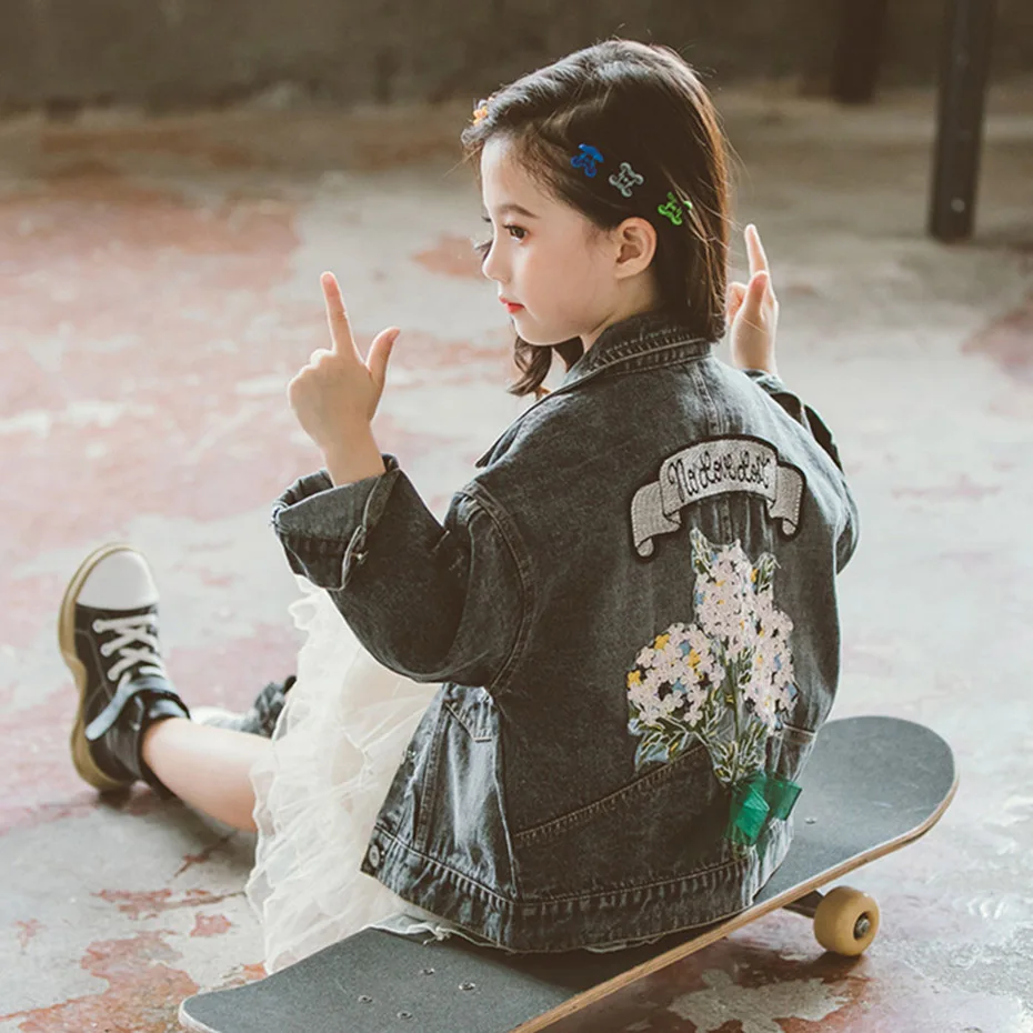 Джинсовая куртка с цветочной вышивкой для девочек 6 14 лет|Куртки и пальто| |