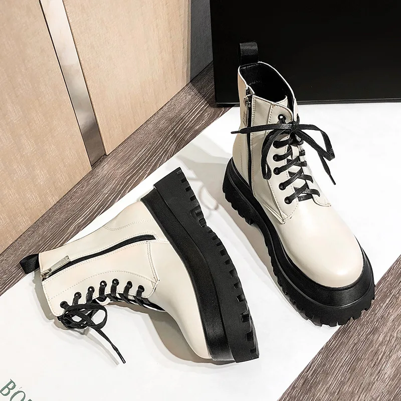 

Winter New Fashion Platform Leather White Color Motorbike Boots Shoes for Women 38 39