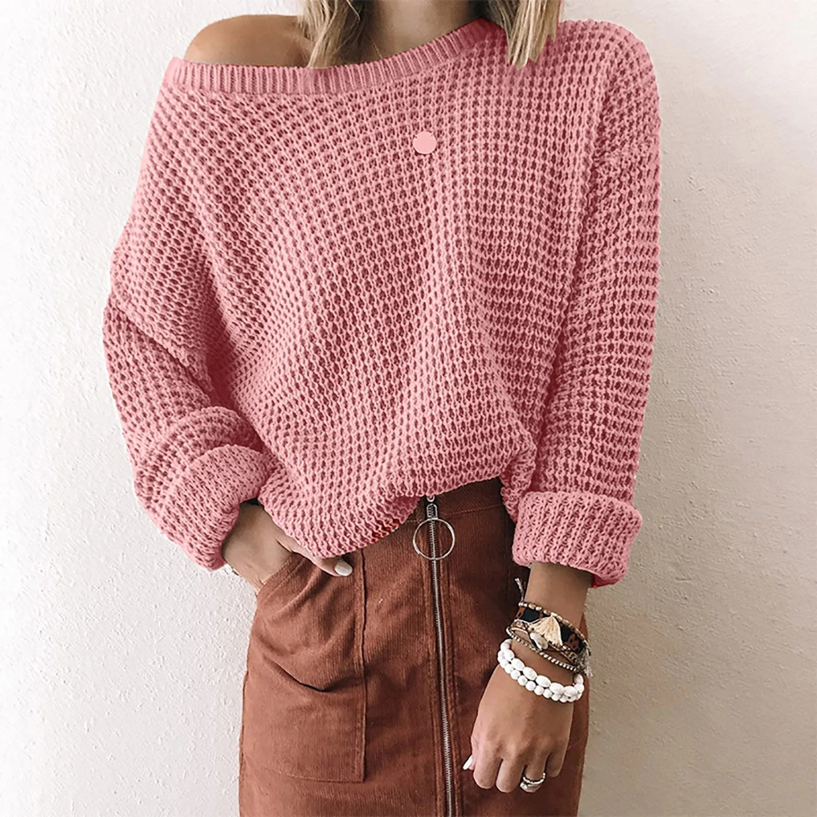 

Vintage Oversized Knitted Sweater Women Casual Slash Neck Off Shoulder Pullovers Sweater Autumn Temperament Sweater Jumpers