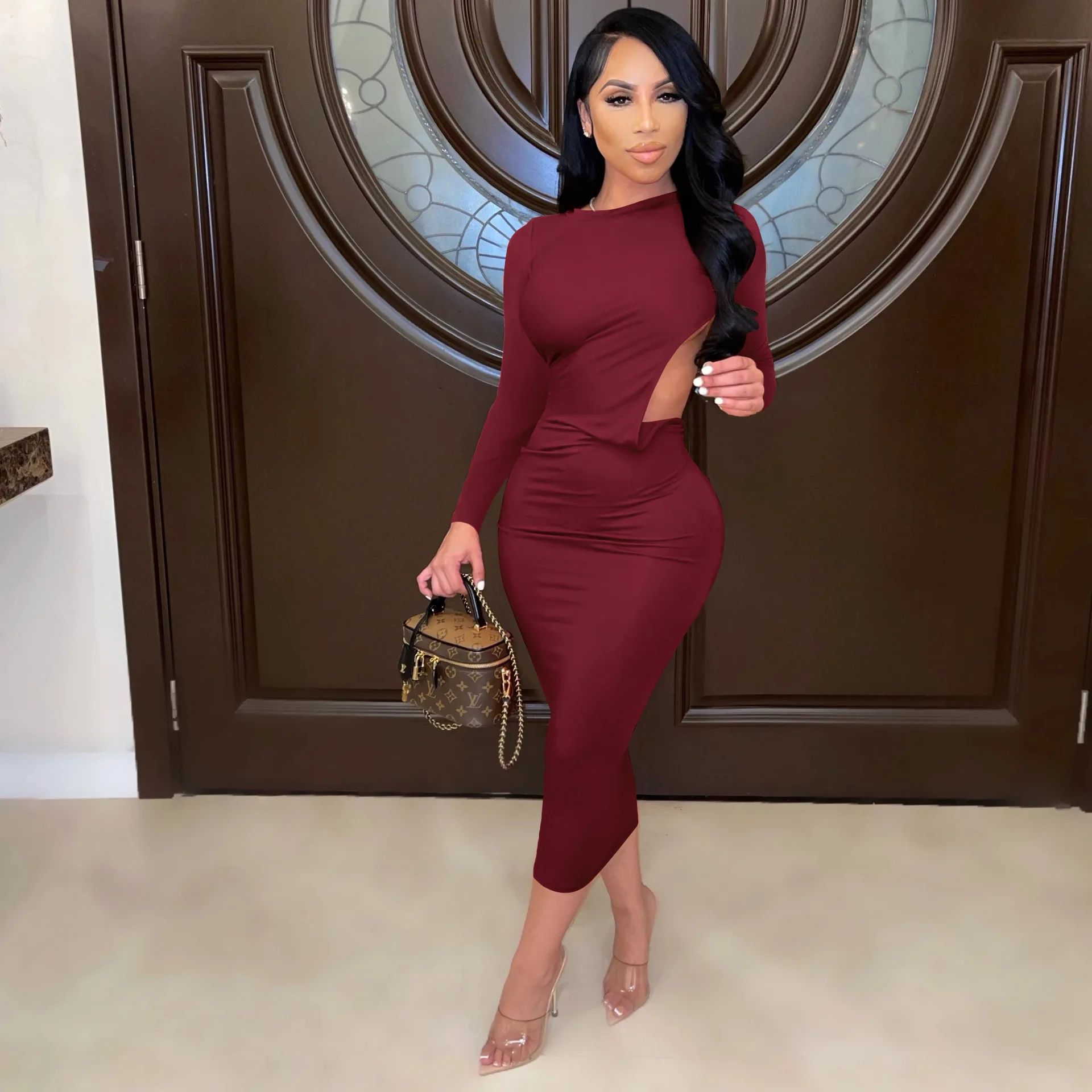 

Coffeehot Dress Sexy Backless Women Solid color Long Sleeve Dress Party Clubwear Skinny Red Pencil White Dress Midi Dress