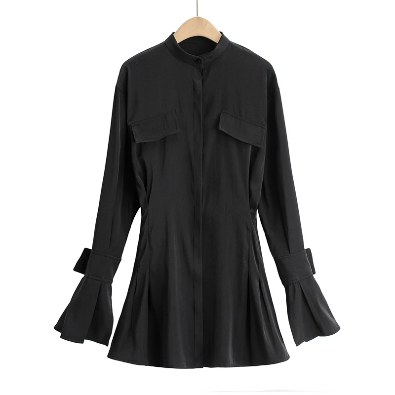 

2021 Summer Women's Mini Shirt Dress Adjustable Long Sleeve Single Breasted Female Short Dresses New Elegant Office Lady Clothes