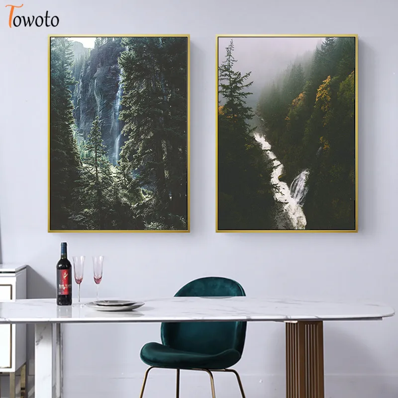 Пейзаж с рисунком леса реки холст живопись туманная ель елка Осенний постер