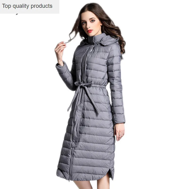 

Slim Thin HIJKLNL Down Jacket Overcoat 2023 New Women Winter Hooded Waist-tie Long Duck Down Coat Parkas Woman's Coat LH1151