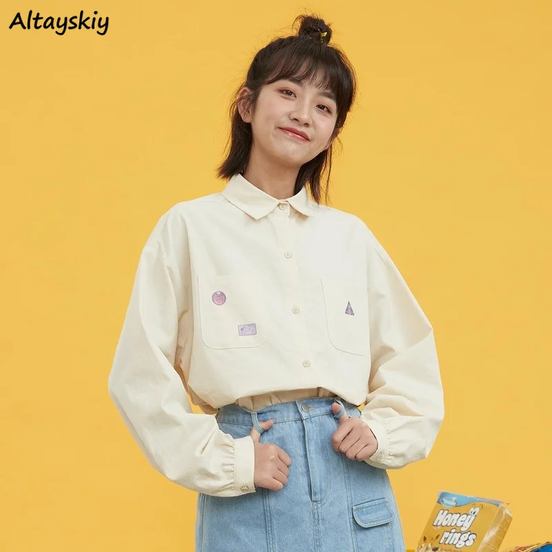 

Shirts Women Student Print Sweet Plain Loose Turn-down Collar Korean Style Long Sleeve College Gentle Mujer Tops All-match Chic