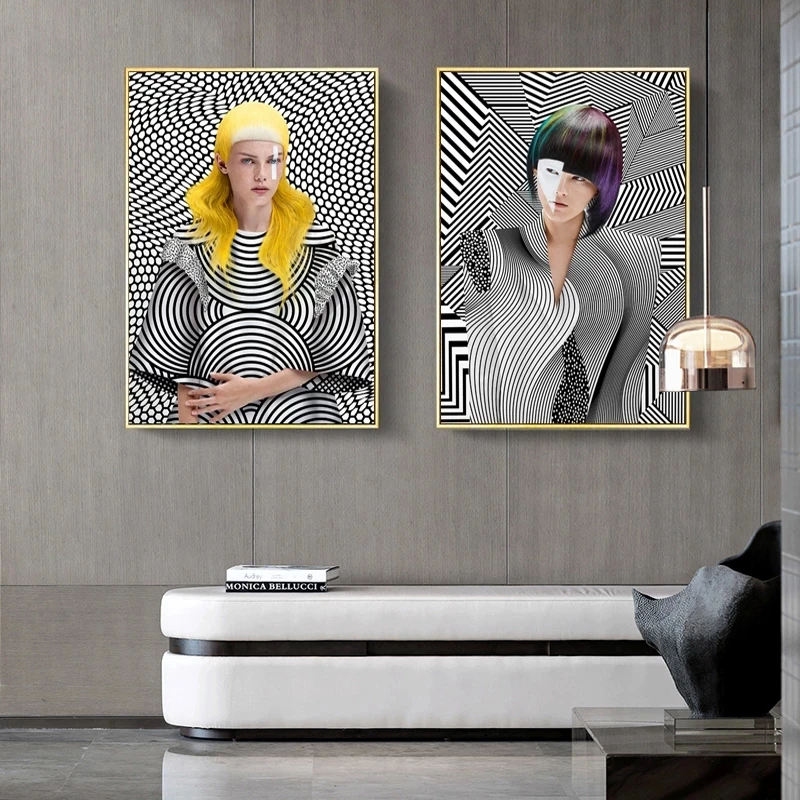 

Modern Wall Art Abstract Black and White Plaid Fashion Woman Canvas Painting Wall Picture Simple Home Decoration Girl Room Mural