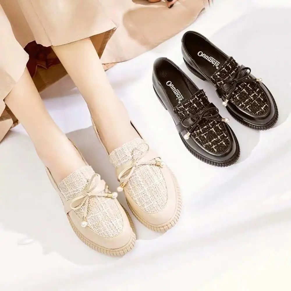 

Natascha Women Flats Round Toe Soft Leather Ladies Casual Shoes Low-Cut Fashion Femme Shoes Plaid Butterfly Knot Women Shoes