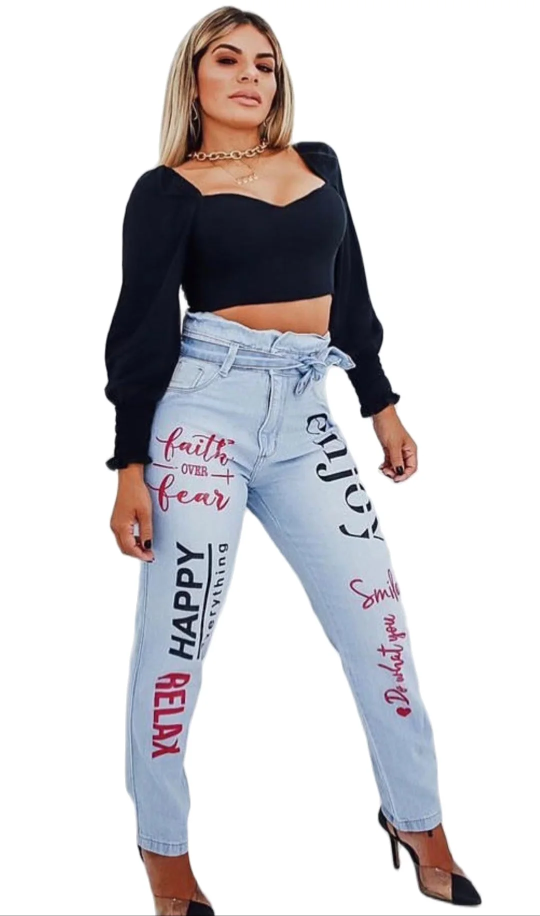

New American high street net red retro letters print pencil jeans pants
