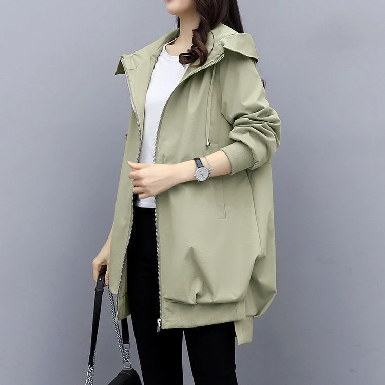 

2021 Spring and Autumn Han Khaki loose casual hooded windbreaker female mid-length black coat trench coat for women