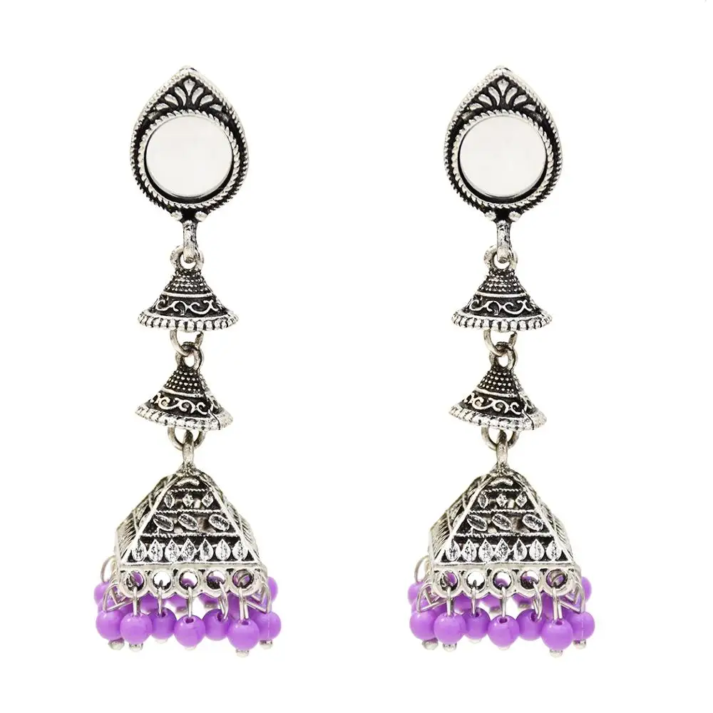 Purple Этнические афганские розовые красные серьги из бисера длинные висячие серьги в виде цветов с зеркалом Jhumka индийские серьги Свадебные окисленные ювелирные изделия в Болливуде - Окраска металла: Purple