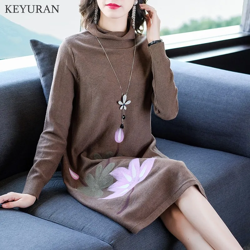 Вязаное осеннее платье свитер с длинным рукавом элегантное женское зимнее