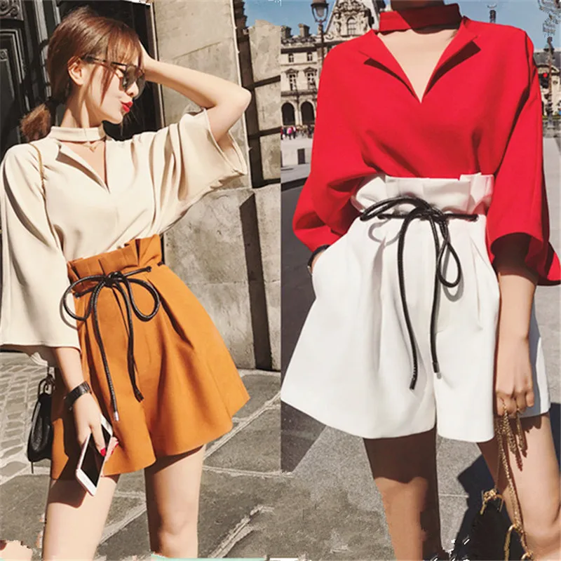 Новинка 2018 женское платье весна лето два предмета костюмы v образный вырез блузка