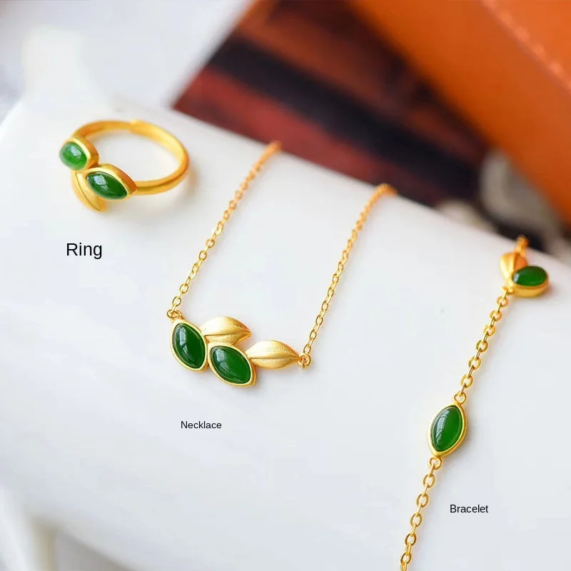 

HML& new natural Hetian jade leaf Chinese style retro unique ancient gold craft charm female elegant silver set of ornaments